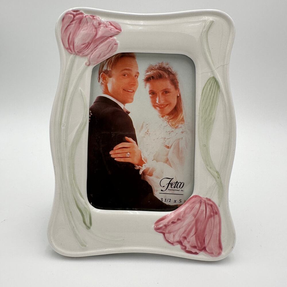 Vintage Picture Frame 3"x5" Ceramic, Tabletop Frame Pink, White, Green 1980s